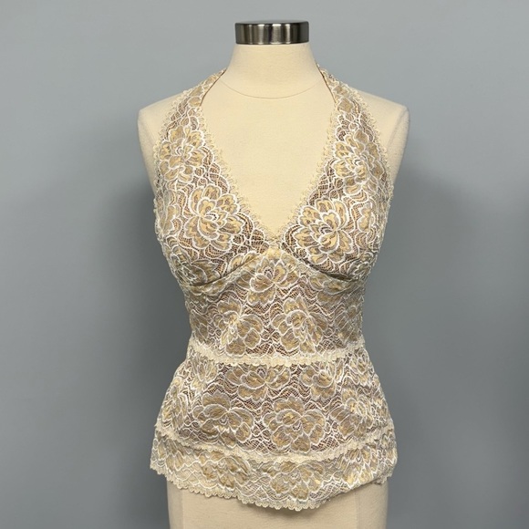 Y2K Cache Lace Halter Top L  Ivory & Nude Lingerie Inspired Scalloped Festival - Picture 1 of 9